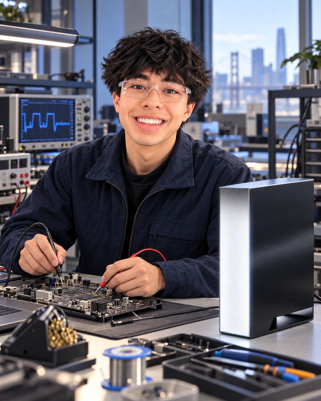 Nayel Rehman testing electronics beside the Ghost Core personal AI computer